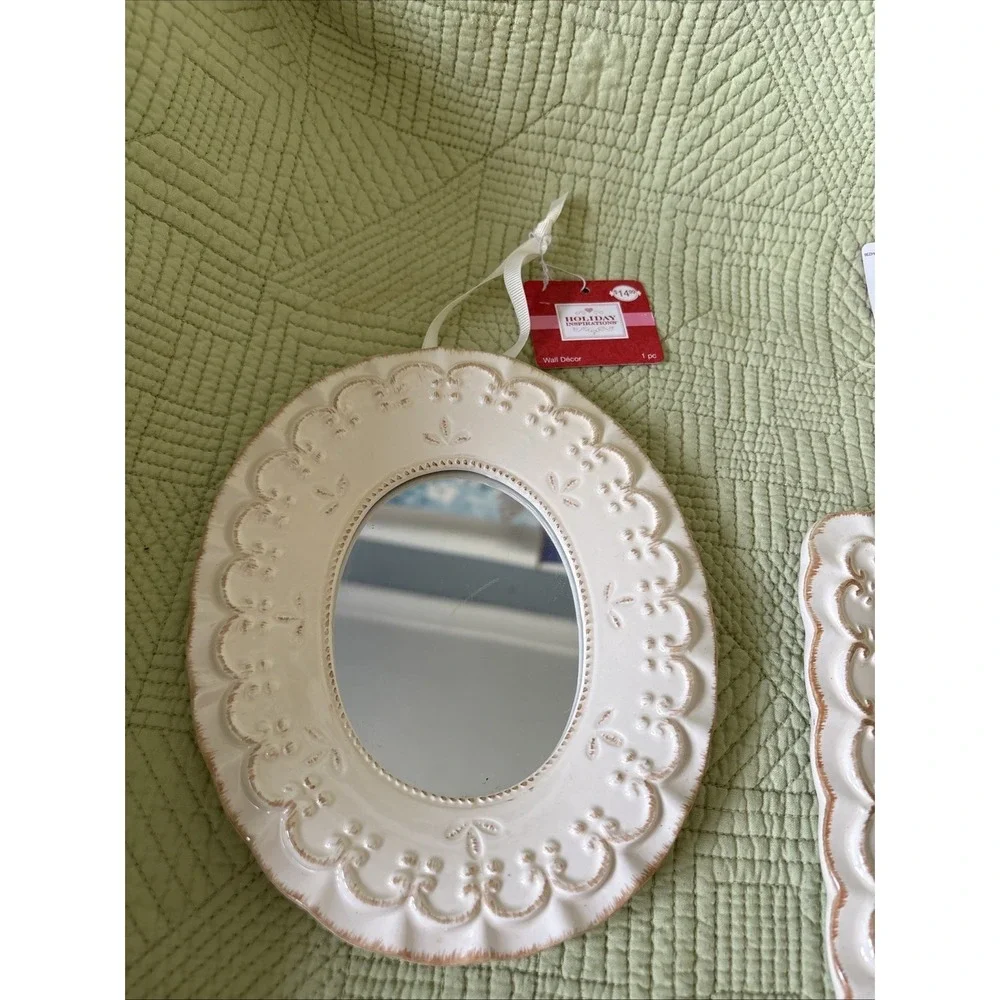 Set of 2 Ornate Hanging Wall Mirrors Cream Shabby Chic Oval Square NWT 7ish
